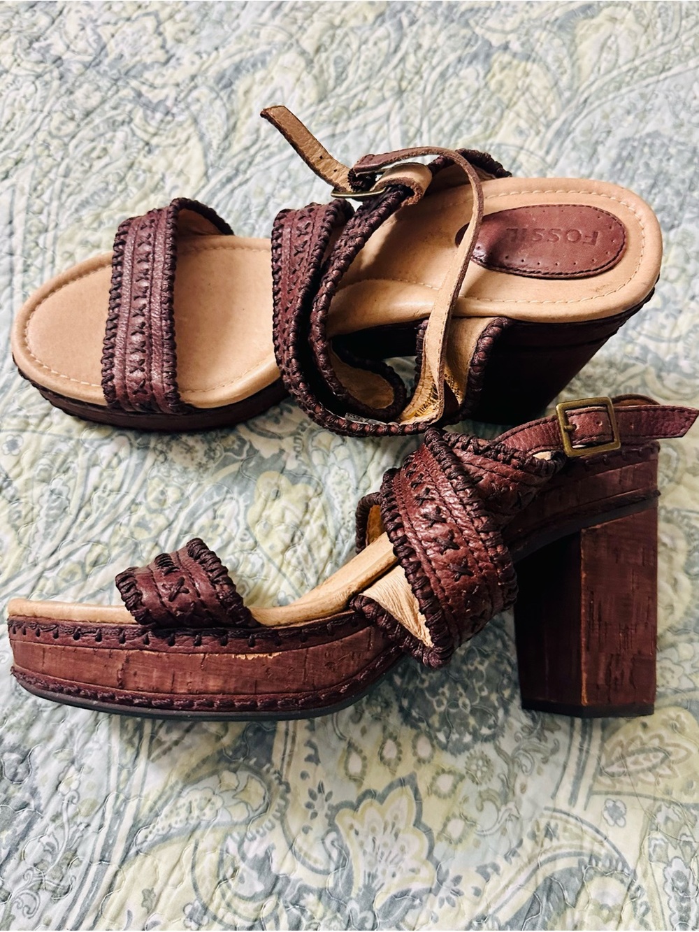 Fossil Brown Braided Leather Block Heel Sandals